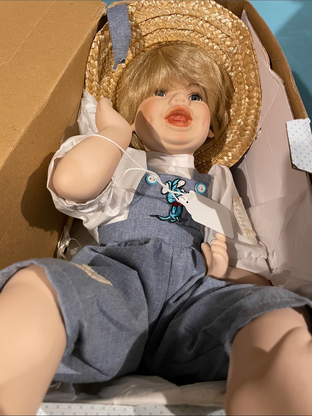 Straw Hat Play Doll in Blue Overalls with Blonde Hair - Unbranded